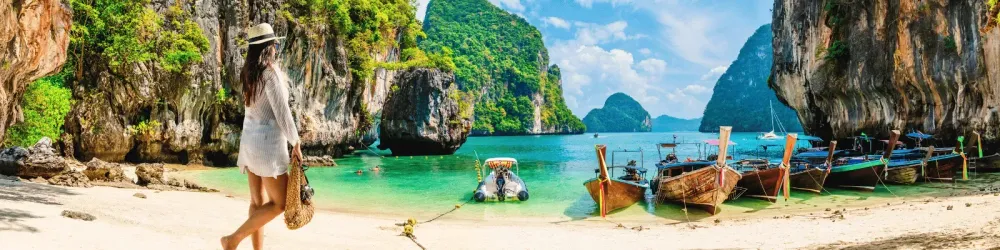 Traveler woman on vacation beach joy nature panorama view scenic landscape island in Thailand